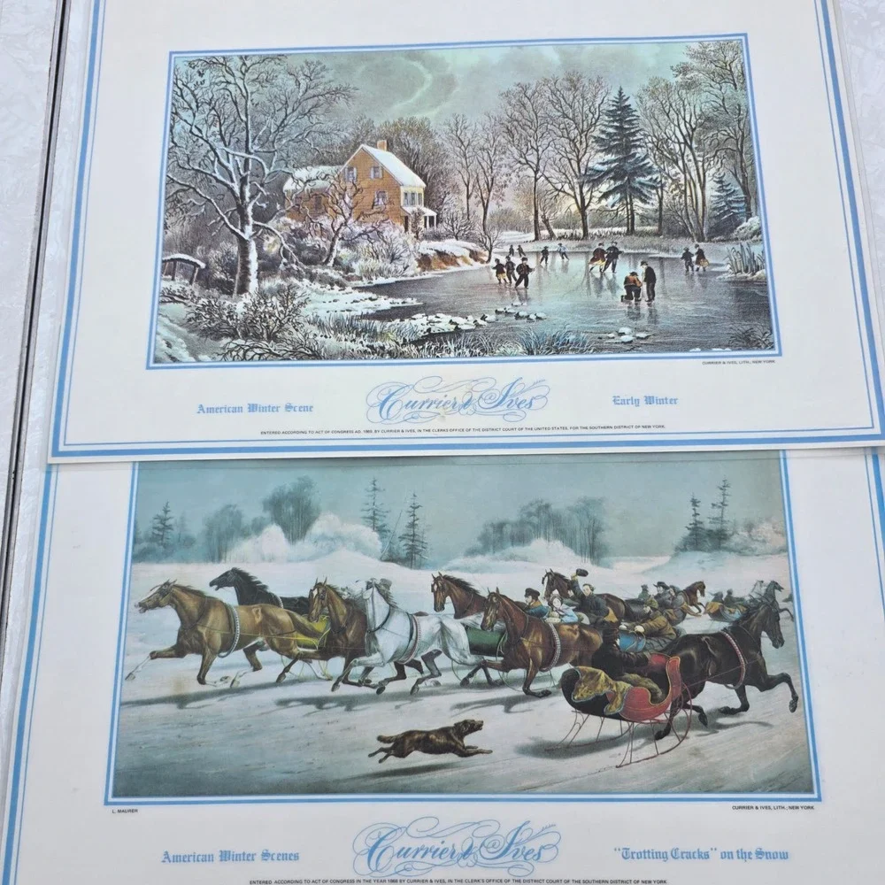 Vintage Currier & Ives Placemats Set of 8 Multicolor American‎ Winter Scenes